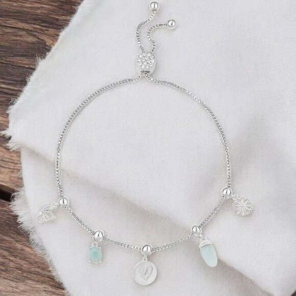 Brilliance Fine Silver Amazonite & Crystal Quartz Adjustable Charm Bracelet 10" - Picture 3 of 11